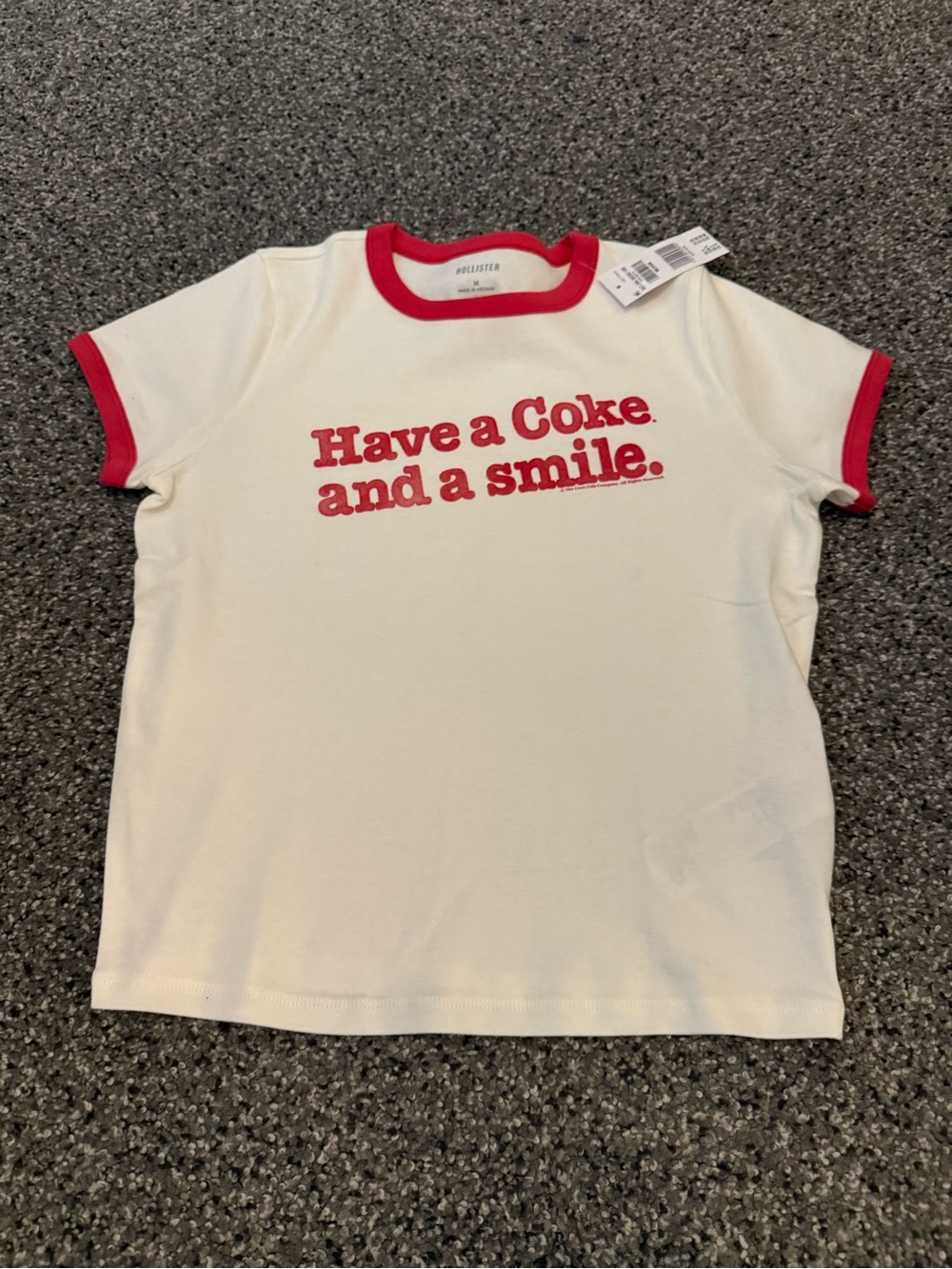 Hollister White Tee with Red Ringer Trim and 'Have a Coke and a smile.' Graphic